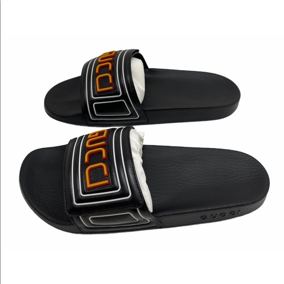 Gucci Logo Black Leather Men’s Pool Slides - Picture 6 of 15